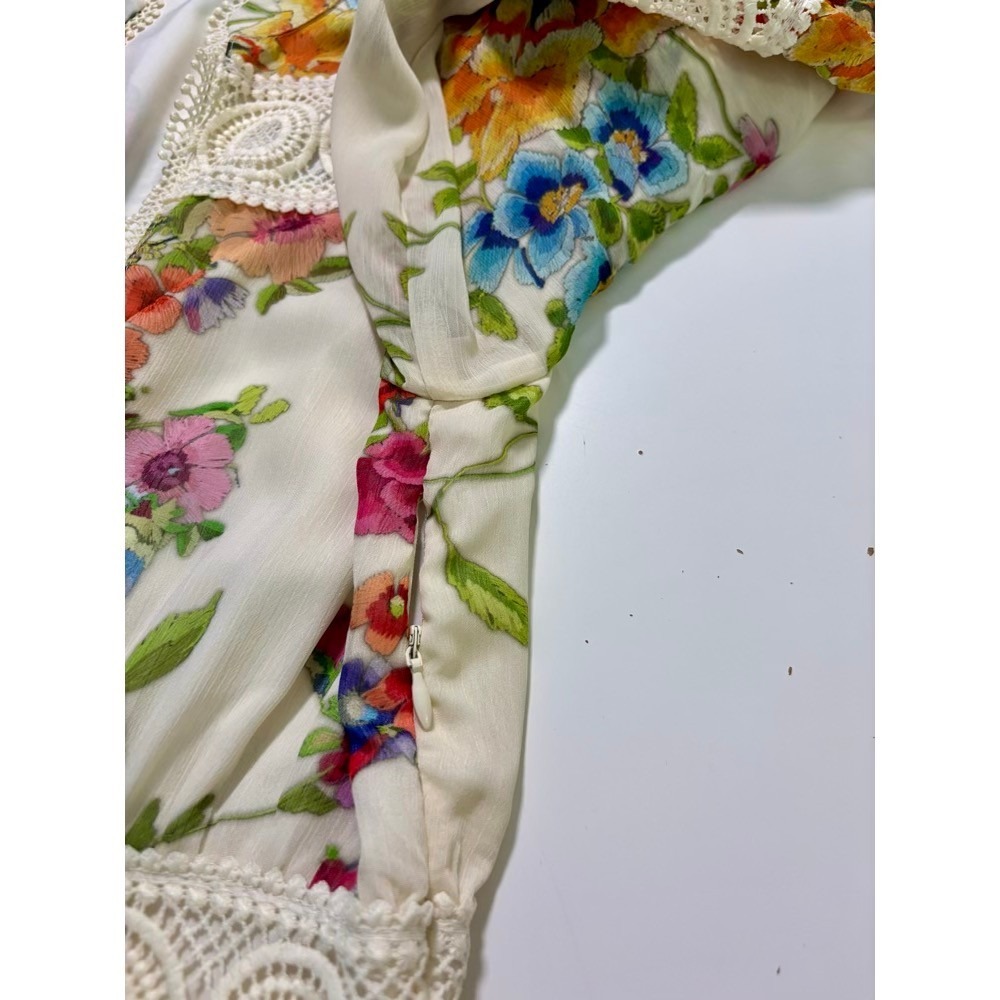 Avec Les Filles Floral Mini Dress 6 Cream Crochet  Balloon Sleeve Wedding Guest - Picture 9 of 16